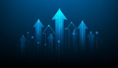 Arrow işletme büyümesi yatırım hisse senedi alım satım teknolojisi mavi arka planda. Kar gelir pazarlaması. Ekonomik eğilim artıyor. ilerlemeli kalkınma finans hedef yönü.