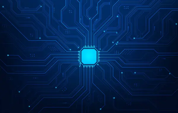 Scheda Madre Computer Circuito Tecnologico Sfondo Blu Modello Processore Elettronico — Vettoriale Stock