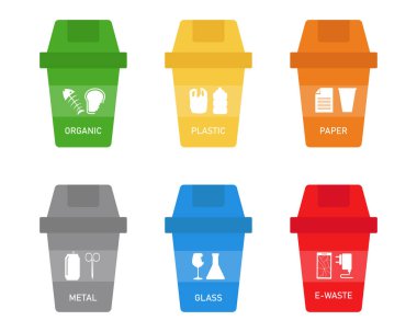 Beyaz arka planda çöp ayırma ve geri dönüşüm kavramları. Farklı tipte simgeleri plastik, kağıt, metal, organik, cam ve atıkları boşa harcayın. Sınıflandırma kutuları. vektör çizimi düz tasarım.