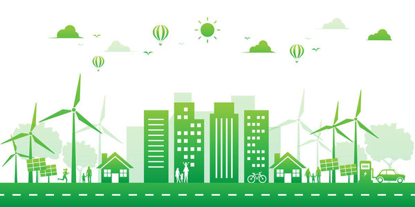 зеленый город экологии окружающей среды и возобновляемых источников энергии на белом фоне. Lanscape устойчивое строительство солнечной панели и ветряной турбины. сохранить мир с экологически чистым. векторная иллюстрация плоская.