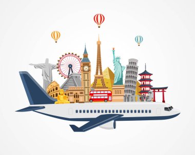 Seyahat ve turizm, uçak arka planında ünlü simgeler. Uçak ve seyahat bayrağı zamanı. Düz stil modern tasarım vektör illüstrasyonu. Dünyayı dolaşmak..