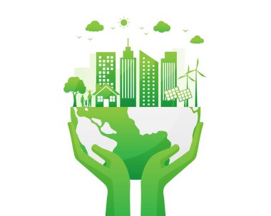 Dünya 'daki Dünya' yı ve ekoloji şehirlerini elle kurtarın. Dünya günü konsepti. sürdürülebilir enerji ve çevre. vektör çizimi düz tasarım.