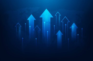 business Arrow finans ve yatırım kar büyümesi harita teknolojisinde. trend yatırım ekonomisi grafik stratejisi. Piyasa grafiği kar parası. Vektör illüstrasyonu yüksek teknoloji.