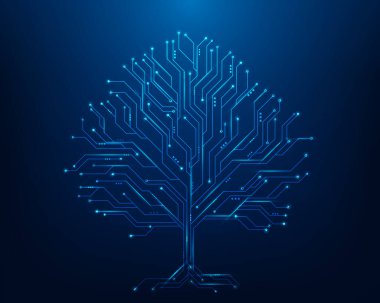 Ağaç veri teknolojisi devre hattı mavi ve nokta koyu arkaplan üzerinde. Dijital devre kartı internet bağlantısı. Vektör illüstrasyonu fütüristik yüksek teknoloji.