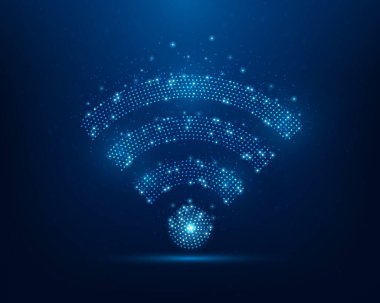 Mavi arka planda kablosuz ağ teknolojisi iletişim noktası. Kablosuz küresel işaret kavramı. Vektör illüstrasyonu fantastik yüksek teknoloji tasarımı.