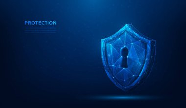 Güvenlik kalkanı dijital teknolojisi. Mavi arkaplanda veri ağı koruması. Güvenlik ve güvenli konsept. Vektör illüstrasyonu fantastik yüksek teknoloji tasarımı.