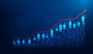 İş stratejisi yatırım büyümesi ve finans ekonomisi. Tüccar büyüyen bir borsa gösteriyor. Başarı konseptine doğru ilerliyor. vektör çizimi fantastik tasarım.