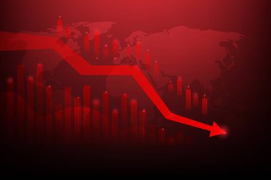 Kırmızı ok iş piyasası krizini dünya haritasına, kırmızı arka plana bırak. Kriz ekonomisi ve yatırım kaybı grafiği. vektör çizimi fantastik tasarım.