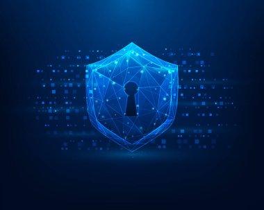 Güvenlik kalkanı teknolojisini koru. İnternet güvenliği antivirüsü düşük polenli kablo taşıyıcı illüstrasyonu fantastik yüksek teknoloji tasarımı.