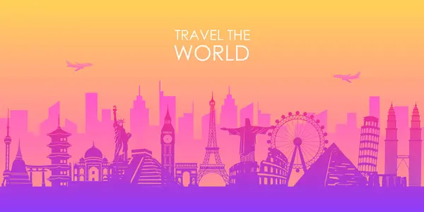 Renkli şehir simgesi seyahati ve turizm dünyası geçmişi. Peyzaj şablonu turizm kartları. Yolculuk. Tatildeki gibi tatil. Şehrin manzarası dünyanın her yerinde. Düz biçimdeki vektör illüstrasyonu.