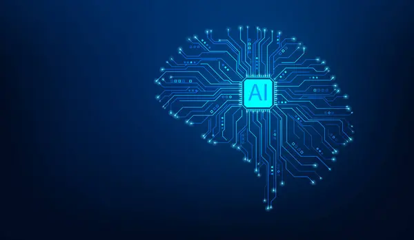 Yapay zeka beyin hattı devre teknolojisi mavi arka plan. makine veri dijital ağını öğreniyor. Vektör illüstrasyonu fantastik elektronik model tasarımı.