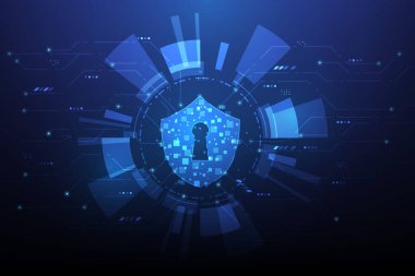 SHIELD anahtar koruması internet ağ güvenlik sistemleri teknolojisi geçmişi. Siber güvenlik dijital veri asma kilidi. Vektör illüstrasyonu fantastik yüksek teknoloji tasarımı.