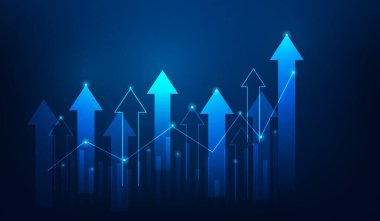 İş okları strateji ve grafik büyütme teknolojisi koyu mavi arka plan. Ticaretin başarıya ulaşması. finansal veri grafiği stratejisi. Piyasa grafiği kar parası. Vektör illüstrasyonu yüksek teknoloji.