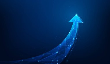 Mavi arka planda düşük polimerli kabloyu hedeflemek için 3D iş oku büyümesi. başlangıç ve başarı. Vektör illüstrasyonu fantastik teknoloji.