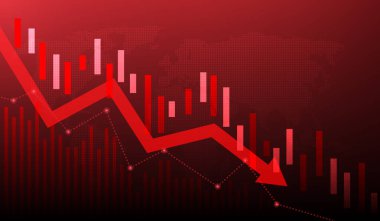 grafik ve ok kırmızı hisse senedi pazarlama arka planı. Ekonomi krizi düşük yatırım.