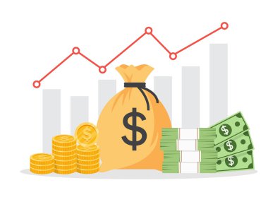 Para ve para çantasından tasarruf et, yatırım grafiği yap. İş büyümesi gelir ve kar sağlar. vektör çizimi düz tasarım.