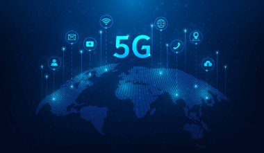 5g internet ağı iletişim teknolojisi aktarım geçmişi. ikonlu kablosuz küresel dijital veri. Vektör illüstrasyonu fantastik teknoloji.