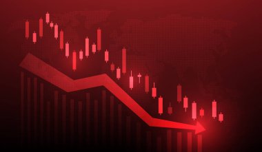 Hisse senedi krizini finanse etmek ve kırmızı arka planda ok atmak. Vektör illüstrasyonu fantastik teknoloji.