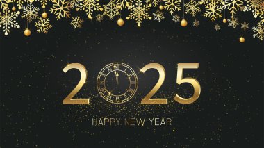 Mutlu yıllar 2025 ve saat geri sayımlı altın parıltılı tebrik kartı arkaplanı. vektör illüstrasyon poster tasarımı.