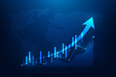 İş büyümesi ve yatırım stratejisi teknolojisi mavi arka planda. Küresel ticaret ekonomisi. Vektör illüstrasyonu fantastik teknoloji.