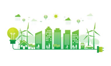 Çevresel çevre ampulü ve temiz enerji yeşil şehri. Dünya sürdürülebilirlik günü konsepti. Yenilenebilir enerji. vektör çizimi düz tasarım.