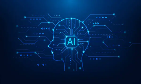 Yapay Zeka Beyin Elektrik Teknolojisi kafa devresi mavi arka plan. ai öğrenme makinesi konsepti. Vektör illüstrasyonu fantastik teknoloji.