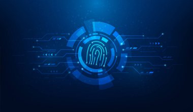 Biyometrik parmak izi siber güvenlik dijital teknoloji geçmişi. Kimlik tarayıcı parola kavramı. Vektör illüstrasyonu fantastik teknoloji