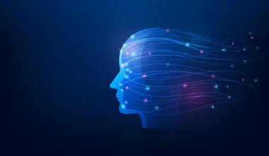 Yapay Zeka Yaratıcı Beyin Bilgi Teknolojisi bölümünün başı. İnsan ai fikri. Vektör illüstrasyonu fantastik teknoloji.