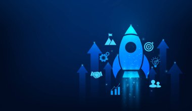 iş kurma konsepti roket fırlatma başarısı mavi arka planda simge ile. Strateji ve görev başarısı kavramı. Vektör illüstrasyonu fantastik teknoloji.