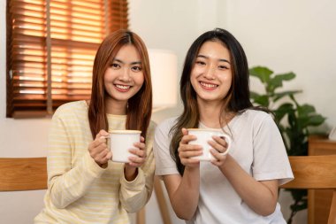 Genç lezbiyen çift kameraya bakıp gülümserken sıcak çikolata içiyor ve evdeki oturma odasında dinleniyorlar..