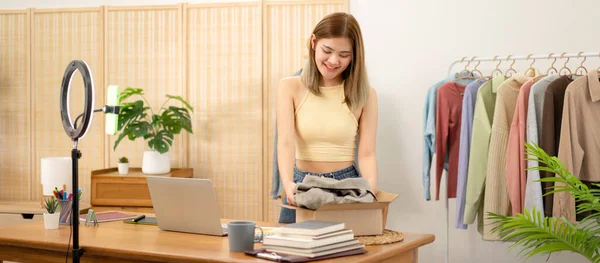 Woman Designer Entrepreneur Checking Online Order Laptop Packing Clothes Product — Stock Photo, Image