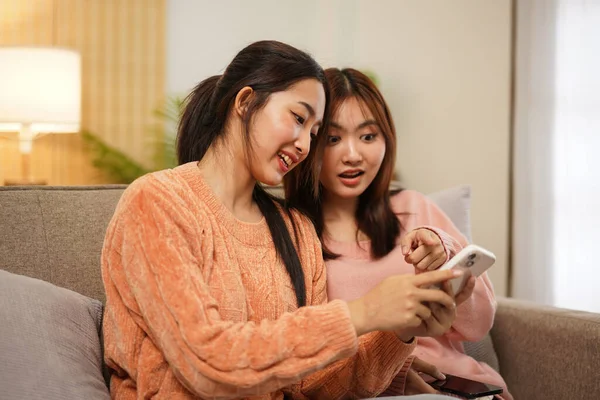 年轻的女同性恋者夫妇穿着毛衣坐在舒适的沙发上 用智能手机查看社交媒体 同时在家里的客厅里共度时光 — 图库照片