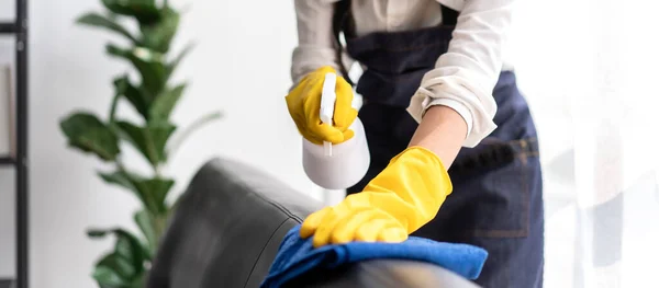 Housewife Apron Wearing Gloves Spraying Hygiene Spray Couch Using Microfiber — Stock Photo, Image
