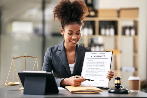 African American Lawyer Woman Suit Pointing Business Contract Signing Signature — Stock Photo, Image