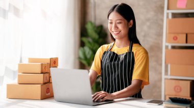 Küçük işletme paket teslimatı konsepti, bilgisayar üzerinden çevrimiçi siparişi kontrol eden kadın girişimci ve müşteriye çevrimiçi satış işlerinde çalışırken sevkiyat için ürün paketleme.