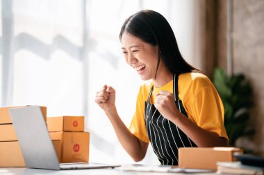 Küçük işletme paket teslimatı konsepti, internet üzerinden sipariş kontrol eden kadın girişimci ve çevrimiçi satış işlerinde çalışırken başarılı bir şekilde iş için silah kaldırma.