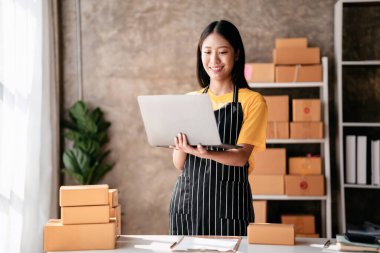 Küçük işletme paket teslimatı konsepti, bilgisayar üzerinden çevrimiçi siparişi kontrol eden kadın girişimci ve müşteriye çevrimiçi satış işlerinde çalışırken sevkiyat için ürün paketleme.