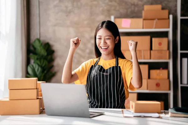 Small Business Parcel Delivery Concept Female Entrepreneur Checking Online Order — Stock Photo, Image