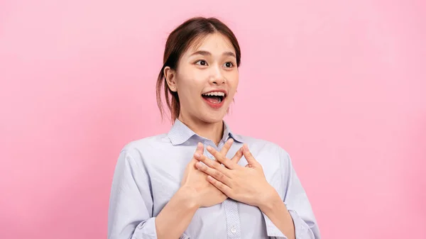 Young Asian Woman Use Both Hands Touching Chest Open Mouth — Stock Photo, Image