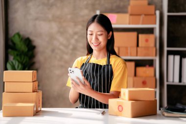 Küçük işletme paket teslimatı konsepti, akıllı telefon üzerinden çevrimiçi siparişi kontrol eden kadın girişimci ve müşteriler için çevrimiçi satış işleriyle uğraşırken sevkiyat için ürün paketleme.