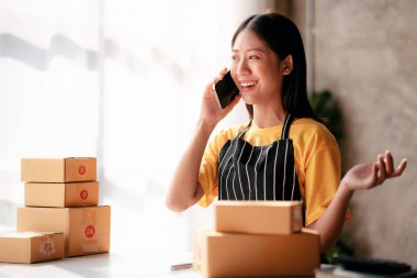 Küçük işletme paket teslimatı konsepti, akıllı telefon kullanan kadın girişimci müşteriler için mal sevkiyatı ve çevrimiçi satış işlerinde çalışmak için akıllı telefon kullanıyor..