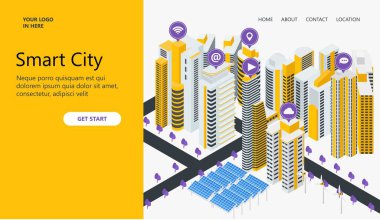 Gökdelenleri ve cep telefonu olan şehir binaları. vektör illüstrasyonu
