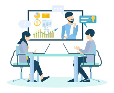 İniş sayfası, el ilanları, bilgi grafikleri ve diğer grafiklerle ilişkili varlık vektörleri için uygun iş büyümesini tartışan bir zaman çalışanı toplantısı.