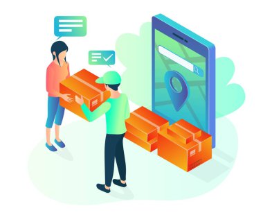 İniş sayfası, el ilanları, bilgi grafikleri ve diğer grafiklerle ilişkili varlıklar vektörü için uygun bir müşterinin siparişini teslim eden bir sipariş kurye tasviri