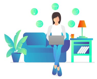 İniş sayfası, el ilanları, bilgi grafikleri ve diğer grafiklerle ilişkili varlıklar vektörü için uygun dizüstü bilgisayarıyla evde çalışan bir serbest çalışanın tasviri