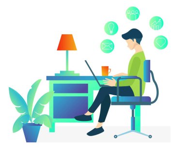 İniş sayfası, el ilanları, bilgi grafikleri ve diğer grafiklerle ilişkili varlıklar vektörü için elverişli bir bilgisayarla bir ofiste çalışan yaratıcı bir kişinin canlandırması