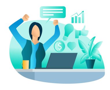 İniş sayfası, el ilanları, bilgi grafikleri ve diğer grafiklerle ilişkili varlıklar vektörü için uygun başarılı bir iş büyümesi gören mutlu bir kadın tasviri