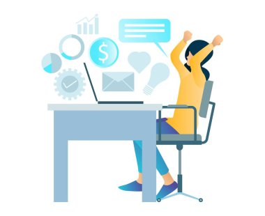 İniş sayfası, el ilanları, bilgi grafikleri ve diğer grafiklerle ilişkili varlıklar vektörü için uygun başarılı bir iş büyümesi gören mutlu bir kadın tasviri