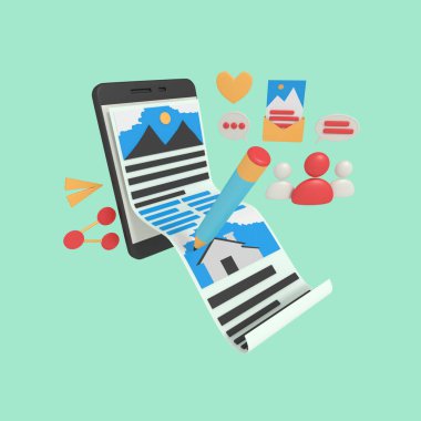 Cep telefonunda içerik oluşturan UI tasarımcısının 3d çizimi