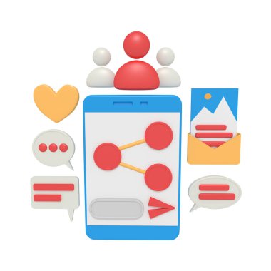 Akıllı telefondaki içerik paylaşımının 3d illüstrasyonu